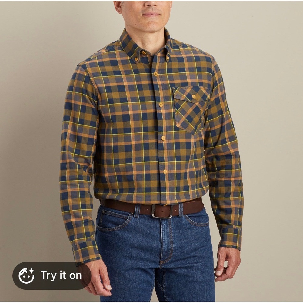 Duluth Trading Co Mens Slim Fit Flannel Shirt Plaid Cotton Button Down Navy Gold